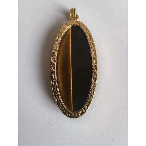 Tiger’s Eye Natural Stone Pendant Handmade Oval Shiny Gold Tone Setting - Picture 11 of 12